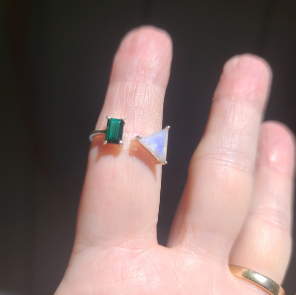 Moonstone & Malachite geometric open design sterling rung sz7 adjustable - Picture 4 of 8